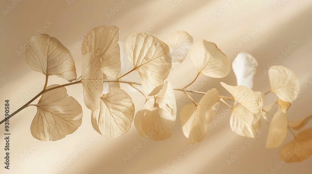 Poster dry eucalyptus branch beige color on beige background close up floral card botanical fine art poster