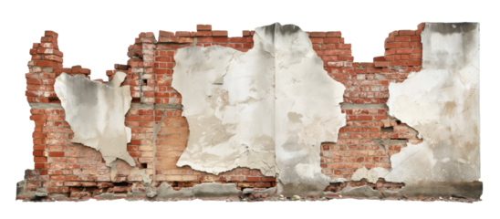 A crumbling brick wall on a transparent background