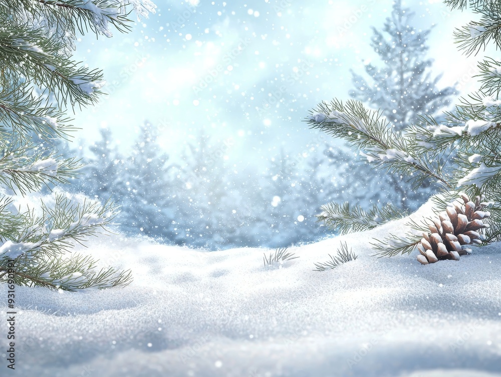 Poster winter forest with snow covered fir trees and snowdrifts. merry christmas and happy new year backgro