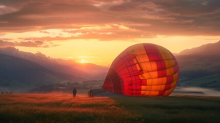 Obraz premium Hot air balloon is inflating before liftoff in the morning