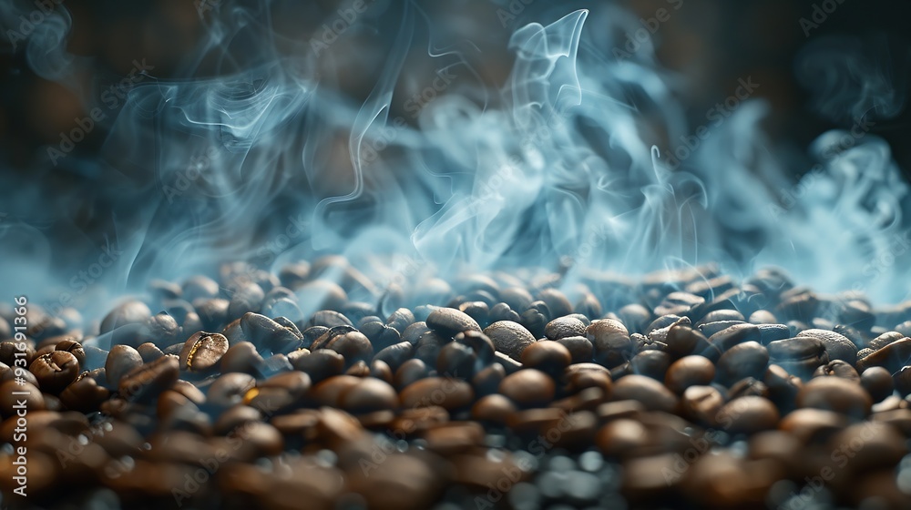Poster coffee beans roasting with smoke selective focus and soft focus : generative ai