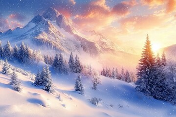 Obraz premium An Alpine winter scene during the sunset. Glistening, colorful sky accompanied by warm sunlight. Snow covered trees beneath warm sunlight. Sparkling snow under sunlight.