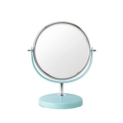 A round, blue, tabletop vanity mirror with a silver frame.