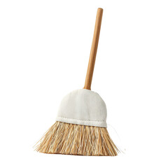A small, white-handled broom with natural bristles, isolated on a black background.