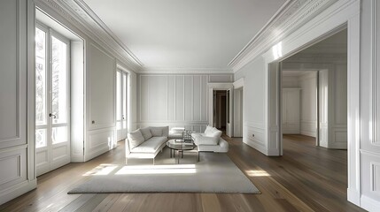 Interior rooms in an elegant home that has been completely remodelled walls are painted white and shades of grey