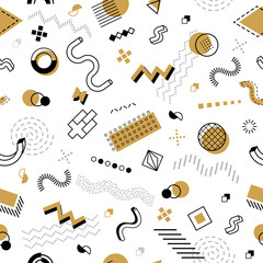 Abstract hipster Memphis seamless pattern with geometric shapes in black, white, gold colors. Vector tile background for wallpaper or textile print, reminiscent of retro-modern playful 80s aesthetics