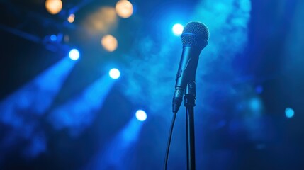 Obraz premium Microphone on Stage with Blue Lights