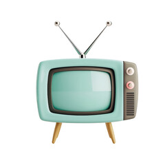 A vintage, blue television set with rabbit ears and wooden legs.