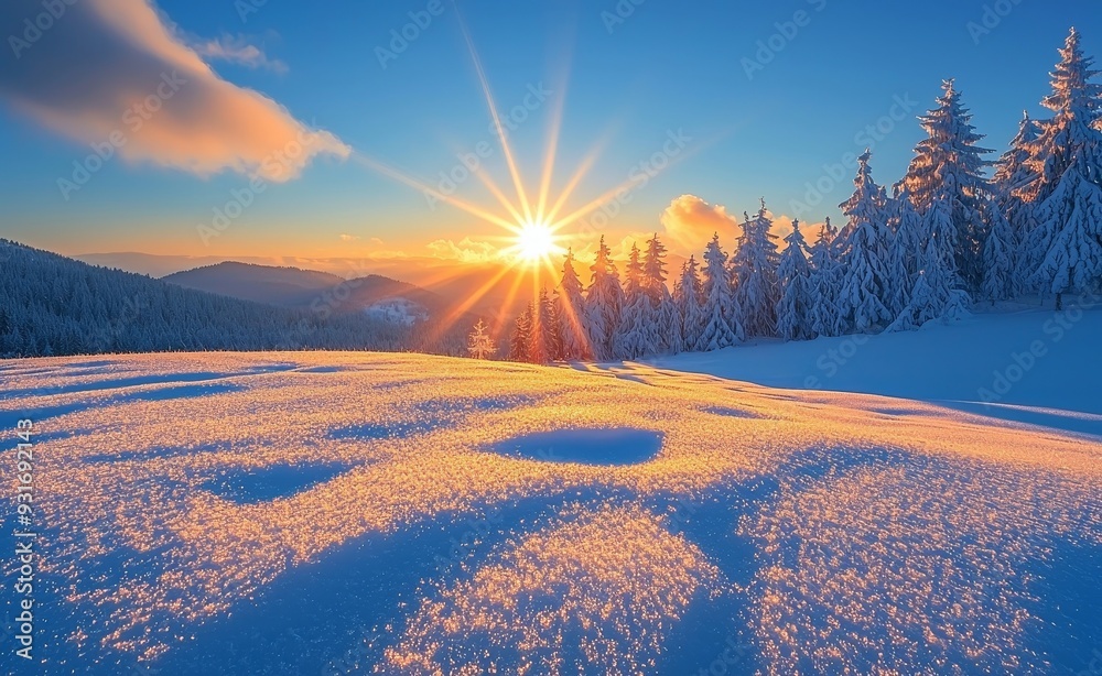 Poster Snow-covered mountains at sunrise.