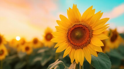 Obraz premium A close up of a sunflower in the field with some other flowers, AI