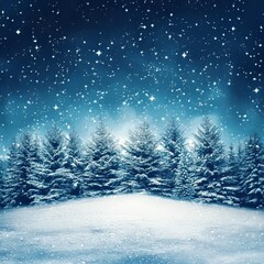 Fototapeta premium Landscape with snowfall and snowy trees on the hill. Illustration for greeting cards for Christmas and New Year.