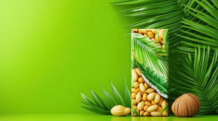 Peanut and coconut bar box, tropical design with palm leaves, 3D illustration