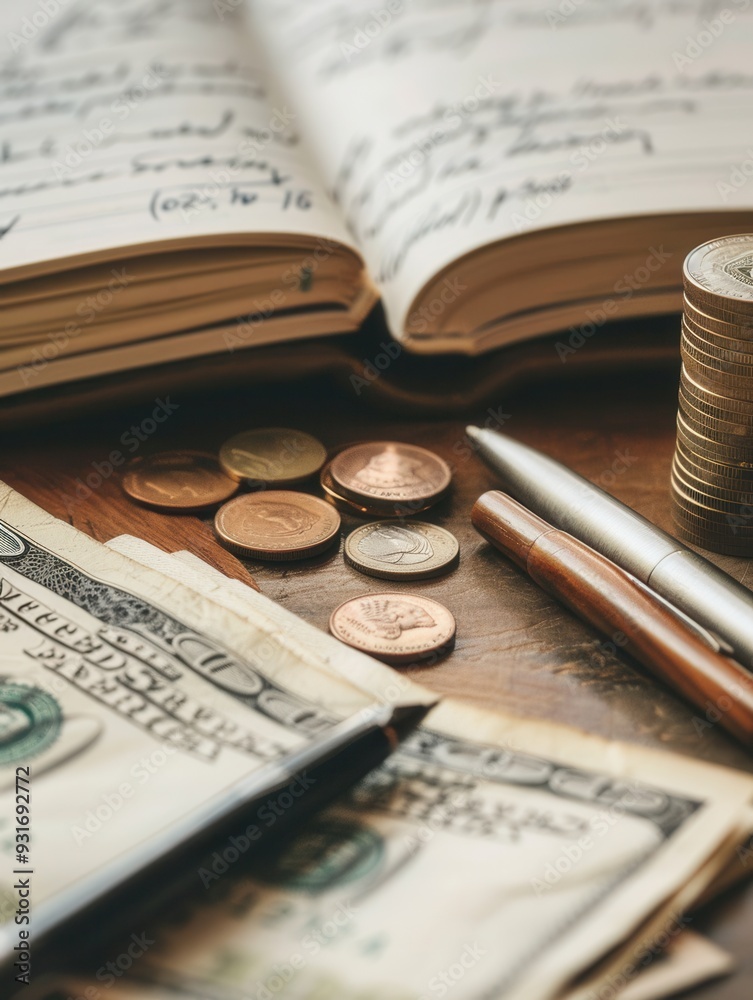 Aufkleber A stack of cash and coins lies next to an open notebook filled with notes and calculations, creating a focused study on financial matters. Generative AI