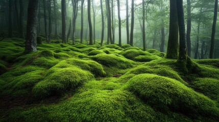 Fototapeta premium Dense green moss blankets the forest floor, creating a lush, tranquil scene full of natural beauty.