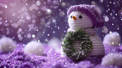 Obraz premium Knitted snowman with christmas wreath on purple snow