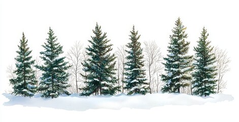 Fototapeta premium Snow-covered spruce tree forest during Winter Christmas time. Modern illustration in duotone.