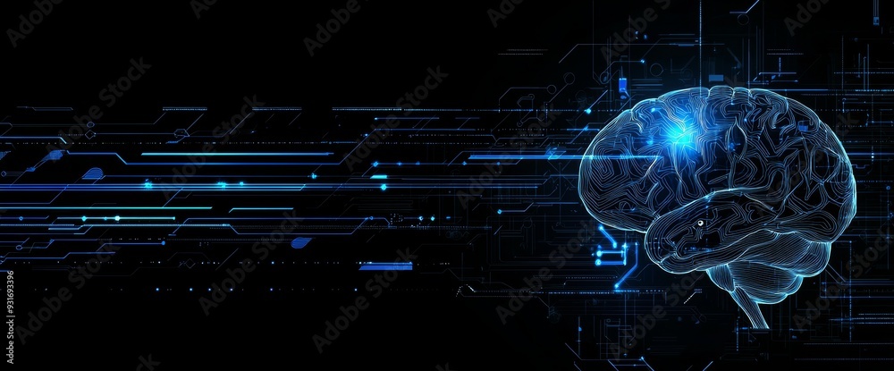 Poster Biological organism combined with high technology to create stock (AI). With copy space available. Cybernetic circuit brain inside human nervous system (top view).
