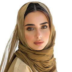 A young woman with dark hair and brown eyes wears a light brown hijab. Her gaze is soft and confident.