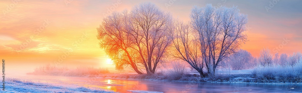 Canvas Prints Landscape panorama of winter nature at sunrise. Christmas background.