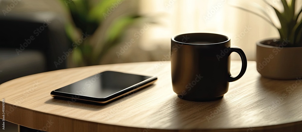 Poster Close up shot of a coffee mug and a smartphone. with copy space image. Place for adding text or design