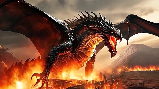 Dragon Spreading wings Fire fantasy War Dark Clouds sky