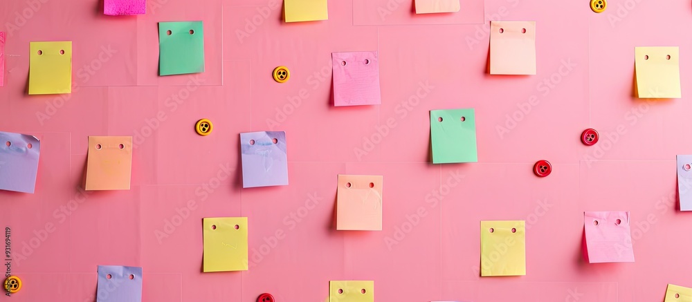 Aufkleber Corkboard for notes featuring blank paper sheets on buttons against a pink background. with copy space image. Place for adding text or design