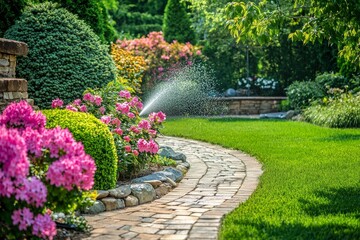 Obraz premium Watering system for lawn hills and fruit garden with smart autonomous sprayers, irrigated with smart sprinklers at sunset and evening.