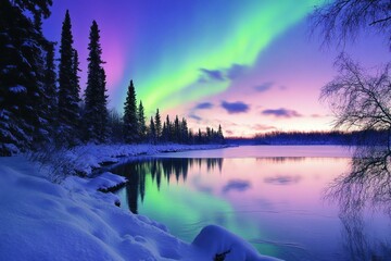 Obraz premium Northern Lights Reflected in a Frozen Lake Surrounded by Trees