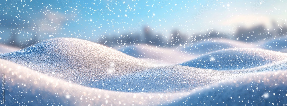 Poster there are beautiful bokeh circles and snowflakes on the blue sky in this winter snow background with