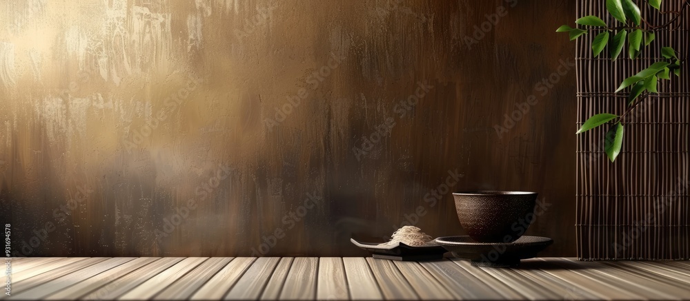 Poster japanese cuisine mountain vegetable sansai soba noodles. with copy space image. place for adding tex