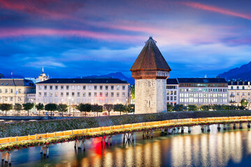 Lucerne, Switzerland on the Reuss River at Blue Hour