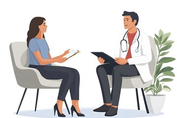 Obraz premium Illustration of a psychiatrist and her patient sitting on chairs during a therapy session.