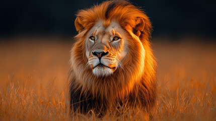 Obraz premium A close-up portrait of a majestic lion with a golden mane, set against a soft, blurred savanna background.