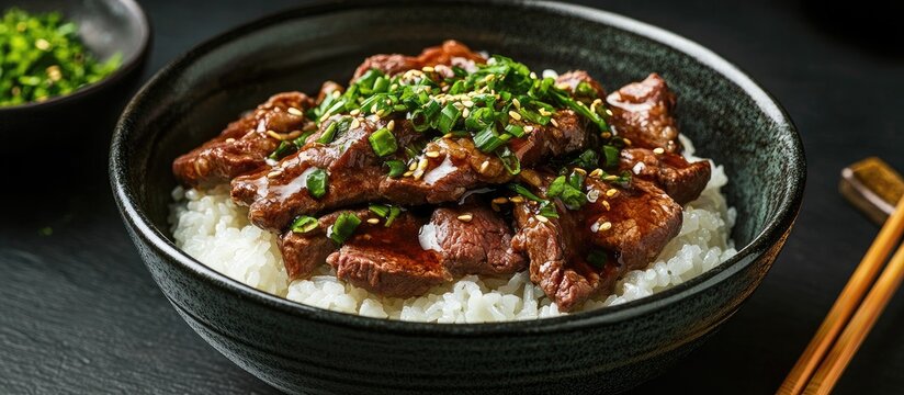 Japanese dish Negi Gyudon features spring onion and beef served over rice. with copy space image. Place for adding text or design