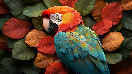 Fototapeta premium A close-up shot of a vibrant parrot, with detailed feathers in multiple colors, perched against a tropical jungle background.