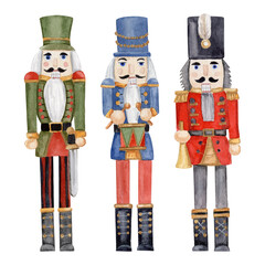 Set watercolor hand-drawn illustration of three different nutcrackers, with a sword, with a trumpet and with a drum. Make any compositions yourself. Can be used on fabrics and paper products and other