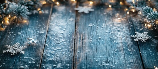 Winter holiday background featuring a frame of decorations snowflakes and garland on a wooden surface with copyspace for congratulatory text