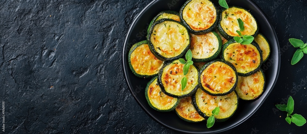 Poster fried zucchini on a plate against a black stone backdrop top view flat lay. with copy space image. p