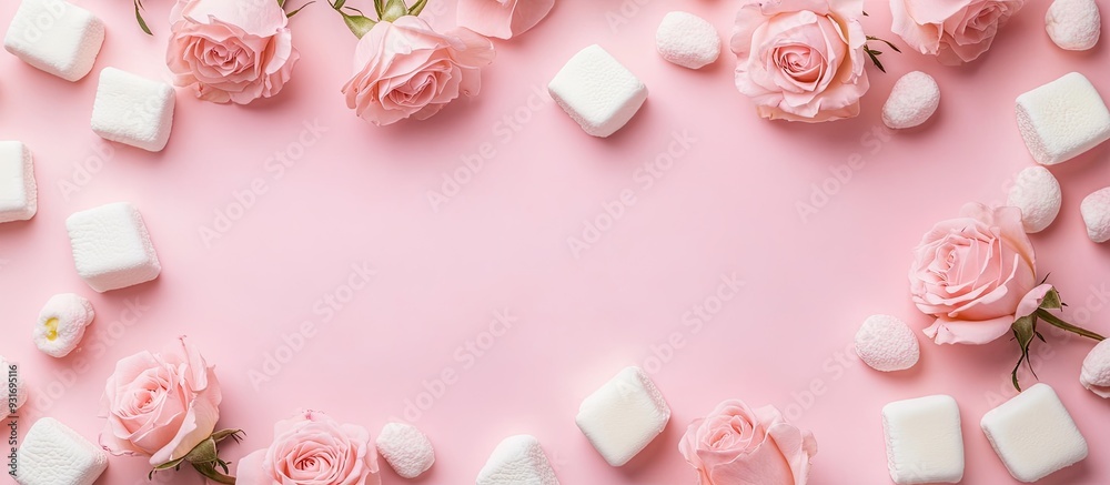 Poster Pink pastel background featuring roses and marshmallows Flat lay Top view. with copy space image. Place for adding text or design