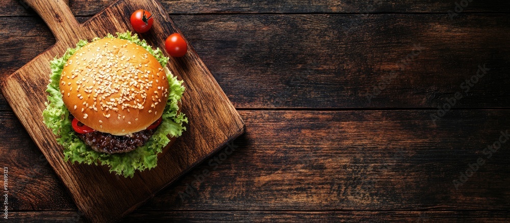Poster Pork burger on a cutting board. with copy space image. Place for adding text or design