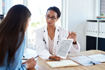 Doctor, screen and woman on tablet with patient to show healthcare update, report or info....