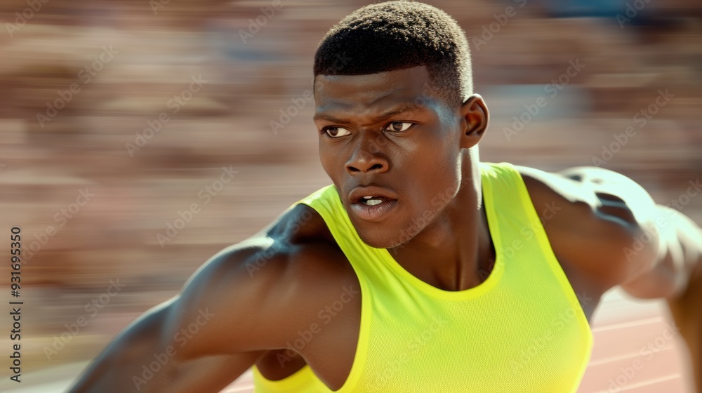 Poster a man in a yellow shirt running on the track, ai