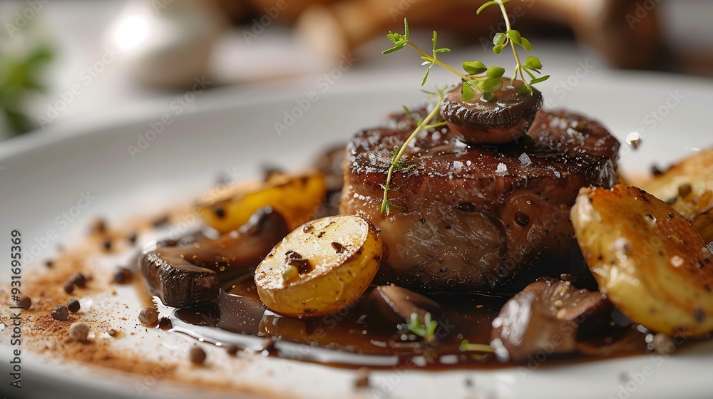 Poster exquisite potato confit and mushroom truffle fine dining this highquality image captures the artistr
