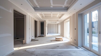 Empty living room after putty work on walls and ceiling in a new build house : Generative AI