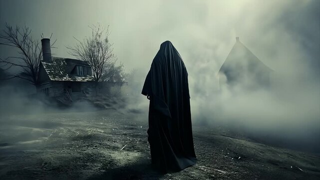 Person in black veil in a dark Place with fogs Horror Scary ghost reaper