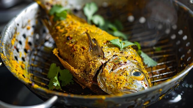 Metal colander with a bocachico fish seasoned with turmeric for lunch preparation