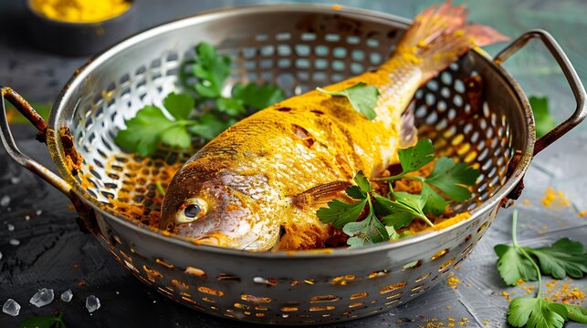 Metal colander with a bocachico fish seasoned with turmeric for lunch preparation
