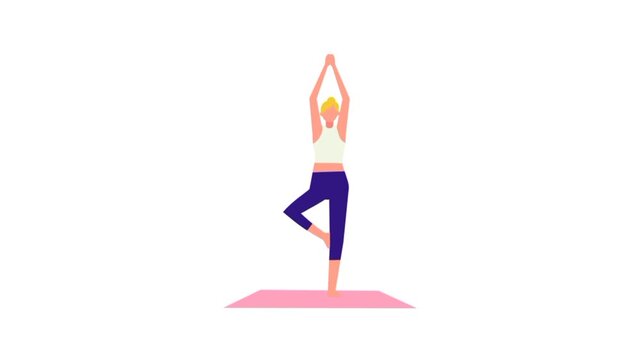 Woman yoga exercise. Female workout and fitness training animated cartoon 4k 