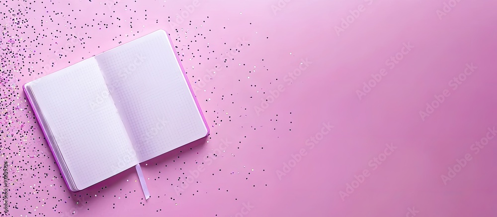 Poster purple stationery background open diary notebook for kids with holographic sequins hipster color tre