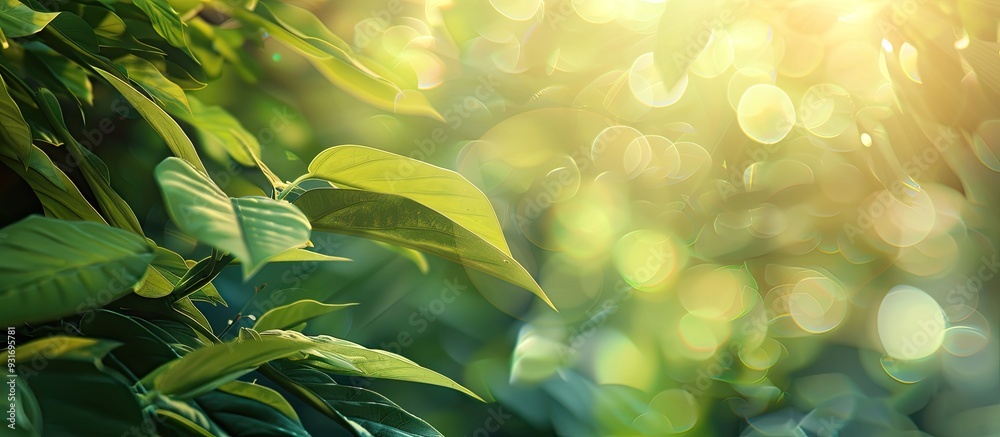 Poster Background featuring abstract blurred foliage and bright summer sunlight suitable for your text or advertisement. with copy space image. Place for adding text or design